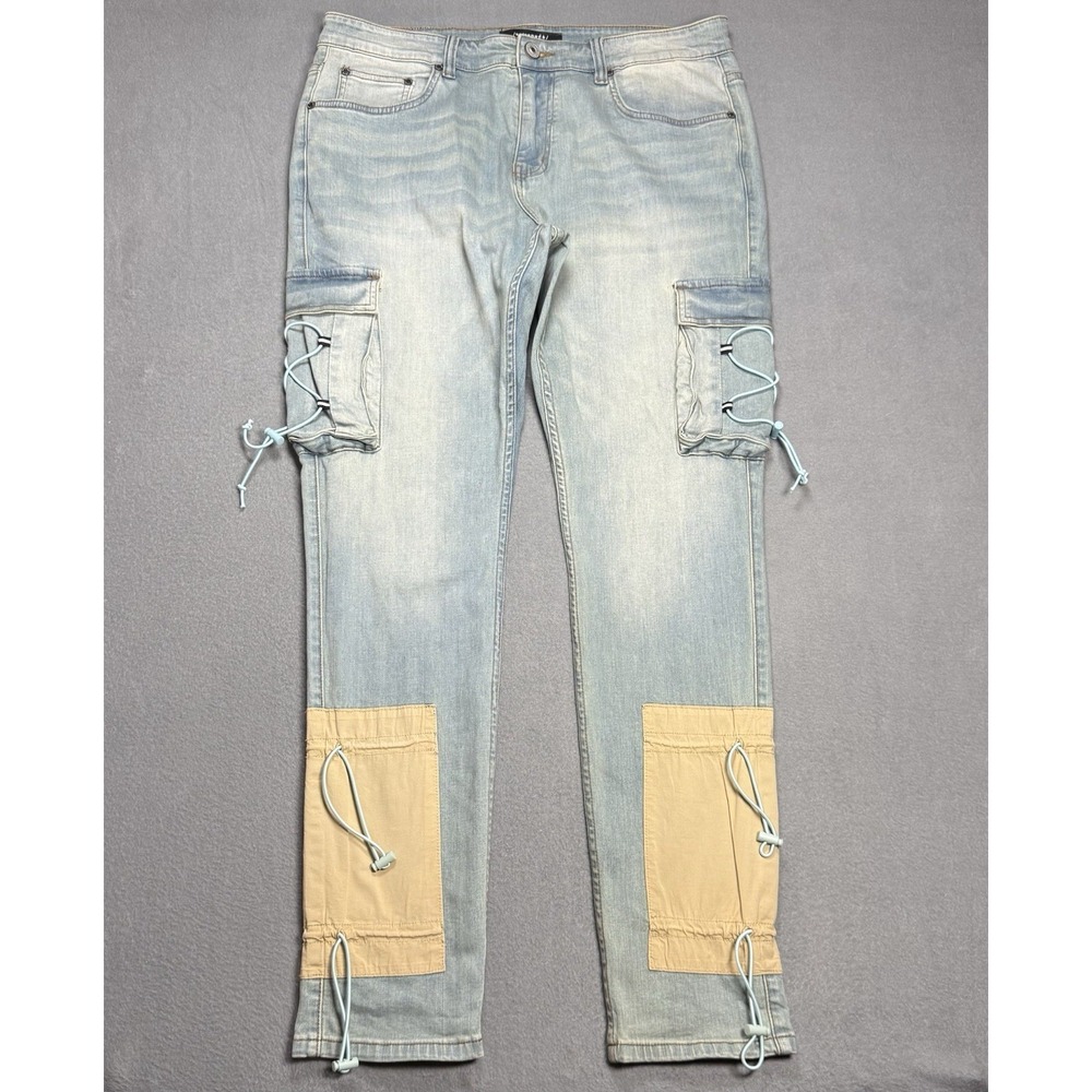 Serenede Mens 36x33 Light Wash Lace Up Cargo Skinny Jeans Streetwear Stretch